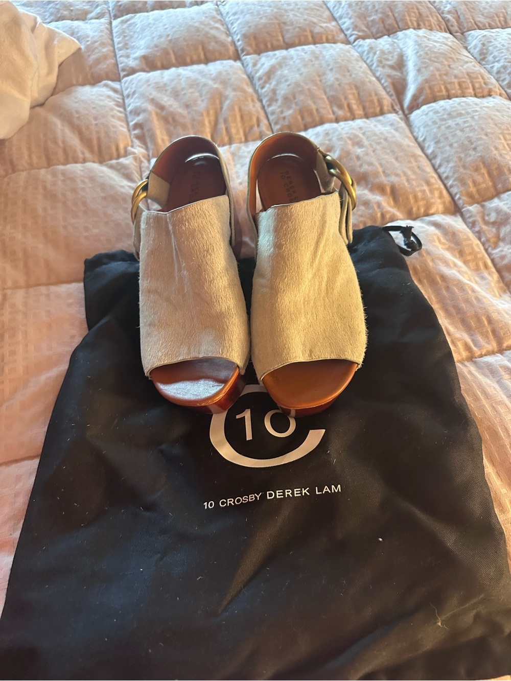 10 Crosby Derek Lam Cream Open-Toe Slingback Mules with Gold Buckle